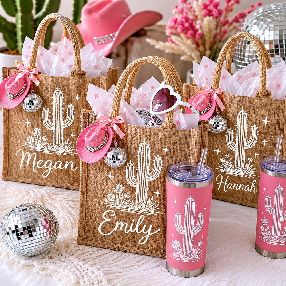 Personalized desert cactus burlap gift bags for last disco rodeo bachelorette party