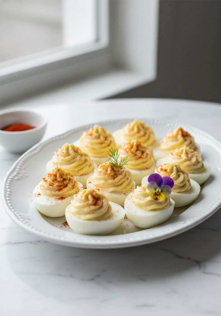 Classic deviled eggs with paprika and dill garnish on a white platter for bridal shower brunch