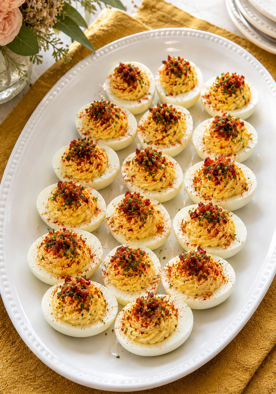 Classic deviled eggs with piped yolk filling, smoked paprika, chives, and crispy bacon on a white platter for a bridal shower appetizer