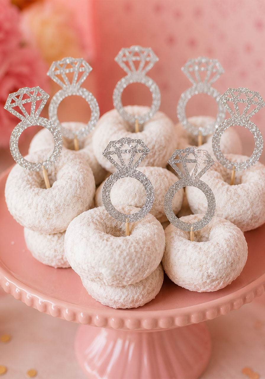 DIY diamond ring donut toppers cut from glitter cardstock with Cricut — easy bridal shower treat display idea
