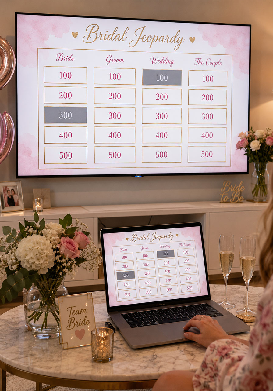 A digital Bridal Jeopardy game board displayed on a large TV screen during a bridal shower with a laptop on the table used to control the presentation