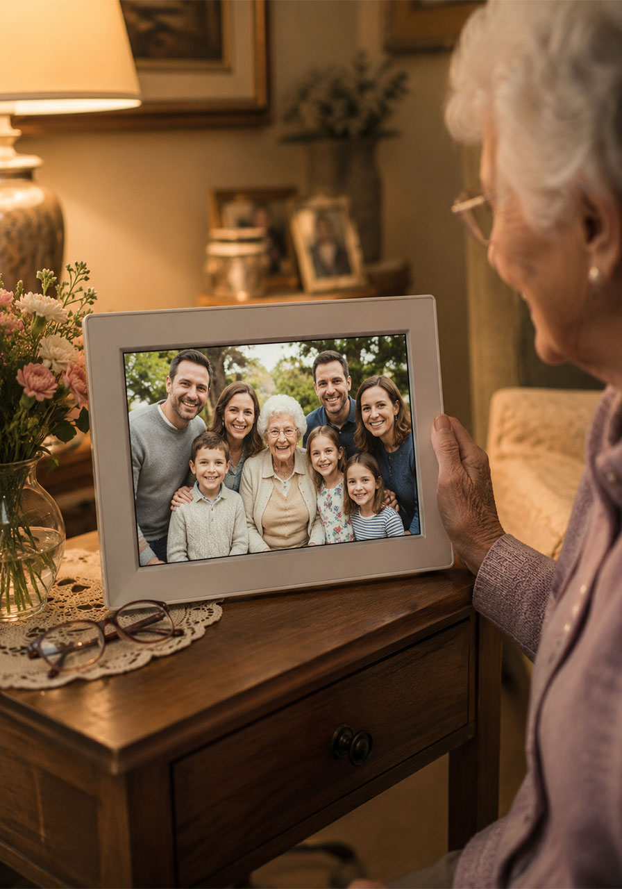 Digital photo frame displaying family photos as a meaningful 90th birthday gift idea for elderly loved one