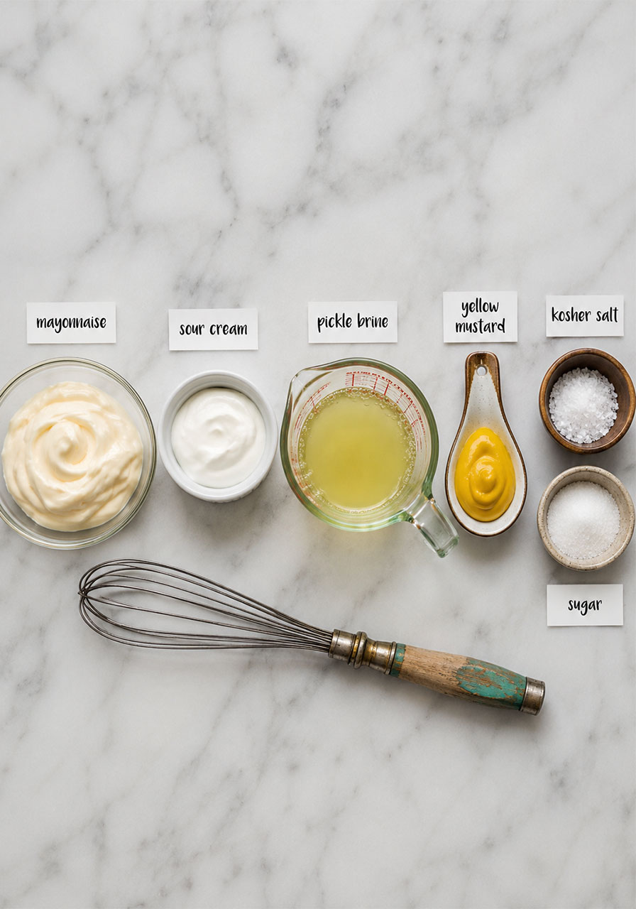 Flat lay of dill pickle bacon pasta salad dressing ingredients including mayo, sour cream, pickle brine, mustard, salt, and sugar on marble surface