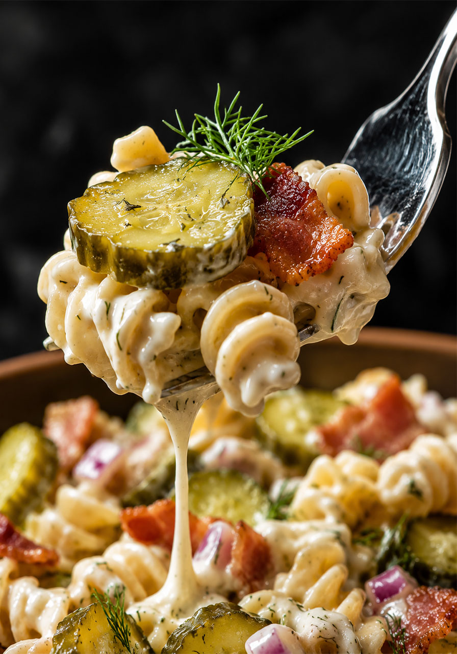 Close-up forkful of dill pickle bacon pasta salad showing creamy dressing, rotini, bacon, pickle, and fresh dill on a silver fork