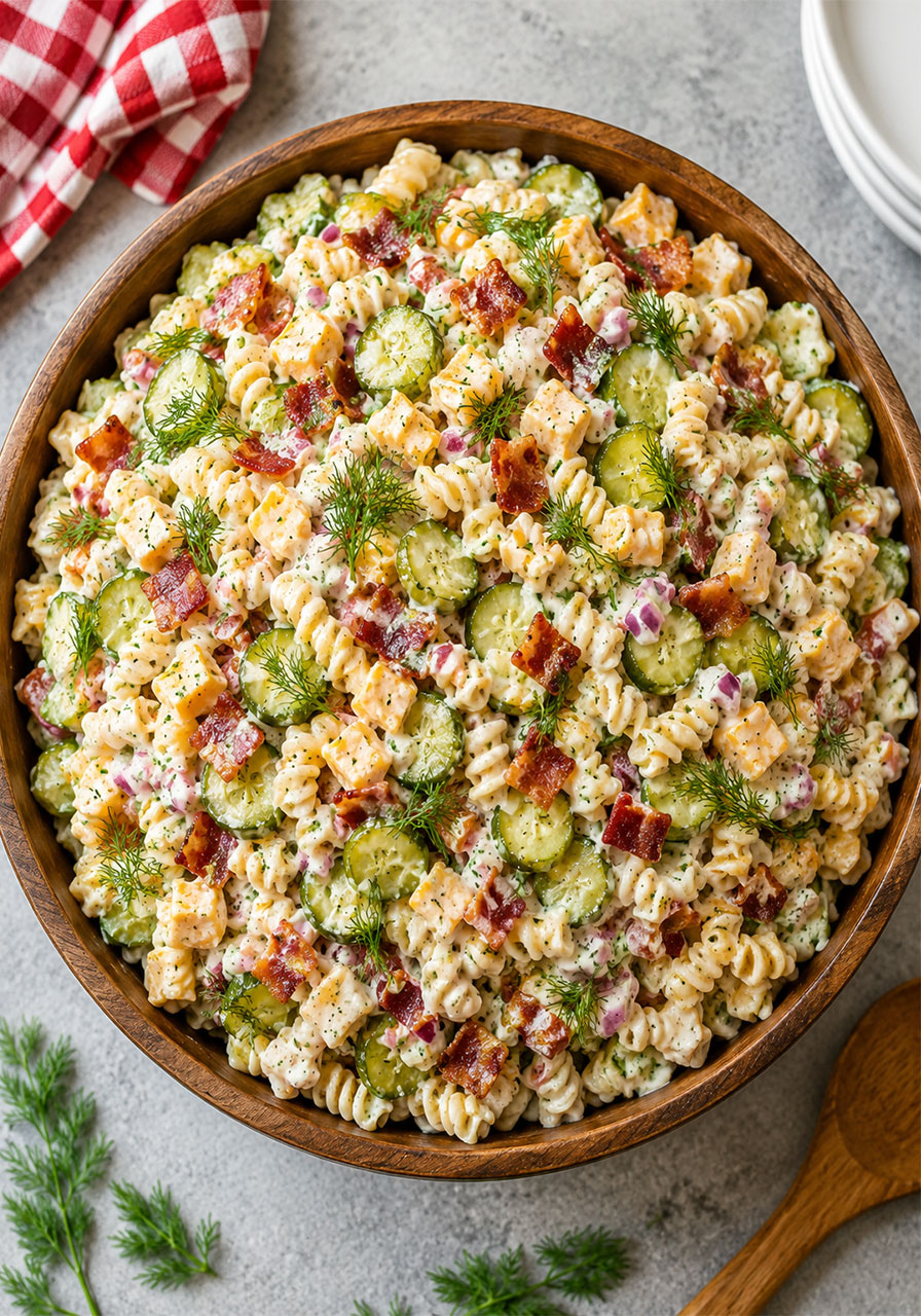 Overhead view of creamy dill pickle bacon pasta salad with rotini, crispy bacon, fresh dill, and cucumber in a wooden bowl
