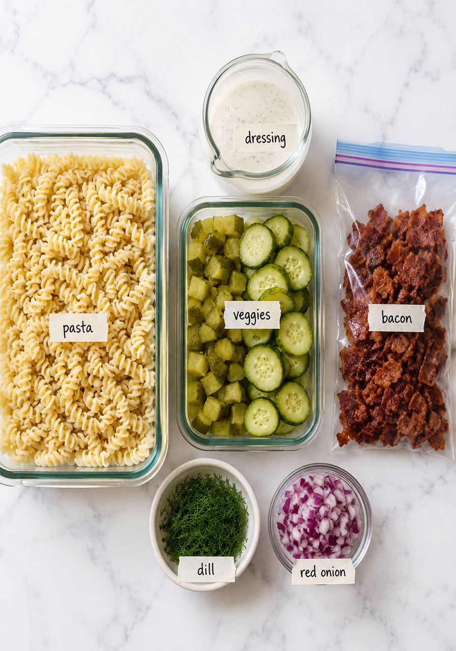 Meal prep containers showing make-ahead components of dill pickle bacon pasta salad including pasta, veggies, dressing, and bacon stored separately