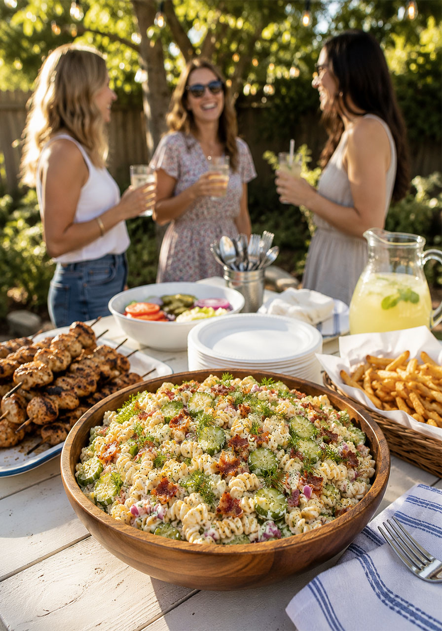Dill pickle bacon pasta salad as the centerpiece of a summer party spread with grilled chicken, fries, and lemonade on an outdoor picnic table