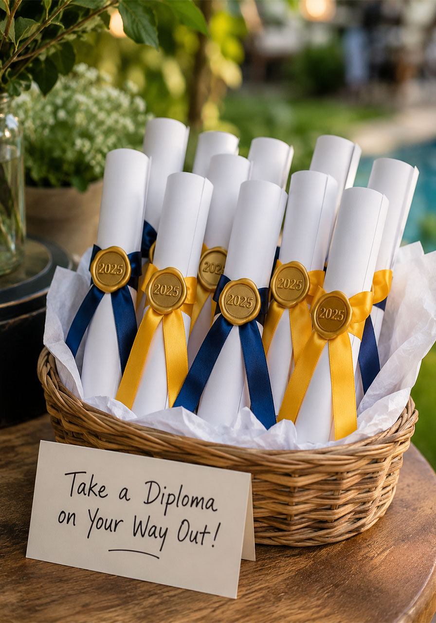 Rolled diploma scroll party favors tied with navy and gold ribbon in a wicker basket for a graduation pool party guest gift