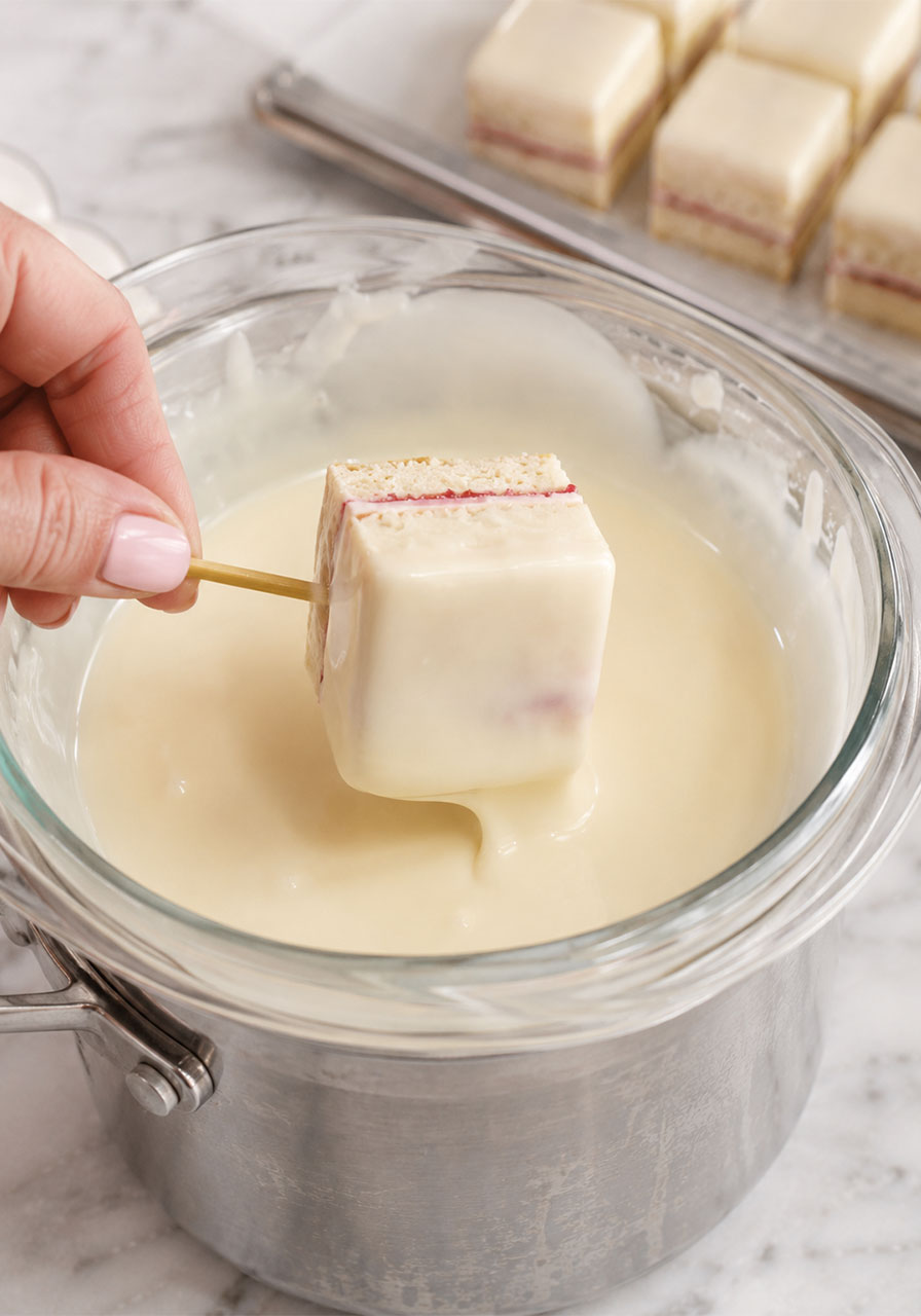 Dipping a frozen petit four square into warm white chocolate almond glaze using skewer method