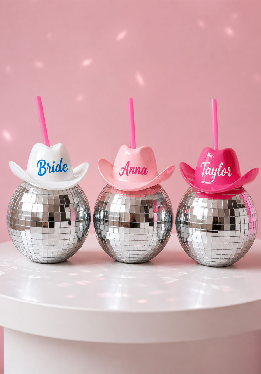 Personalized disco ball cowgirl cups for last disco rodeo bachelorette party in pink and white