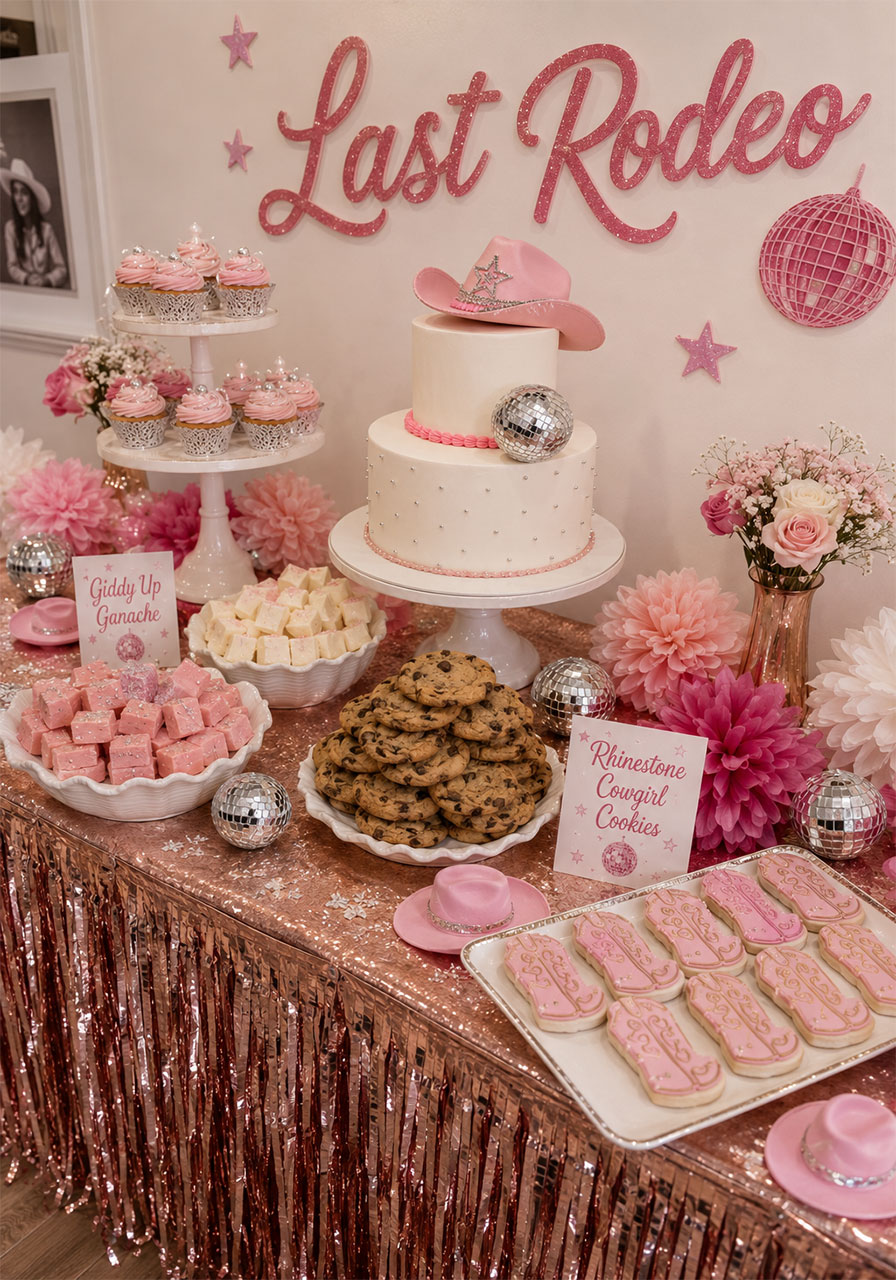 Styled disco cowgirl dessert table with cake cupcakes and cookies for last disco rodeo bachelorette party