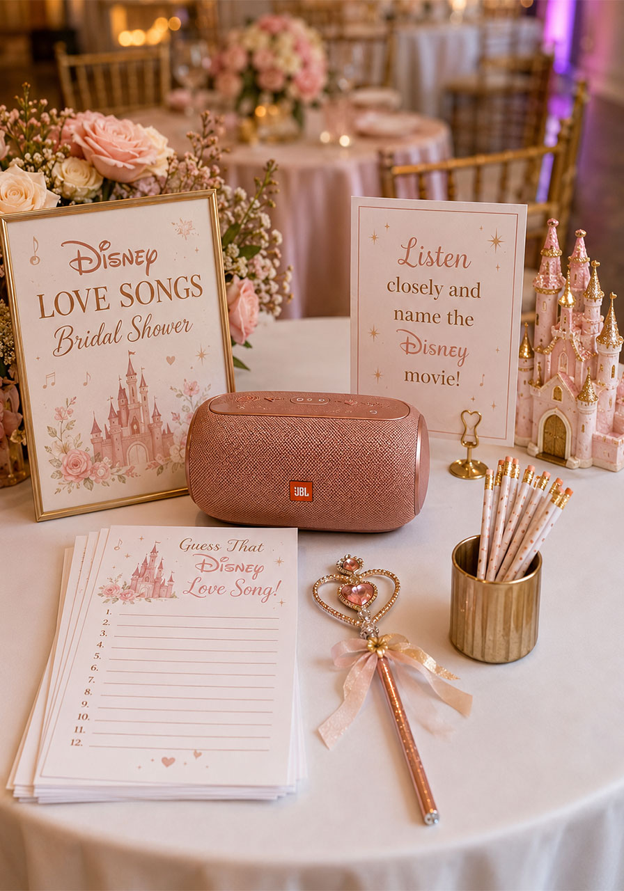 Disney love songs bridal shower game setup with bluetooth speaker and answer sheets – fun at-home bridal shower game