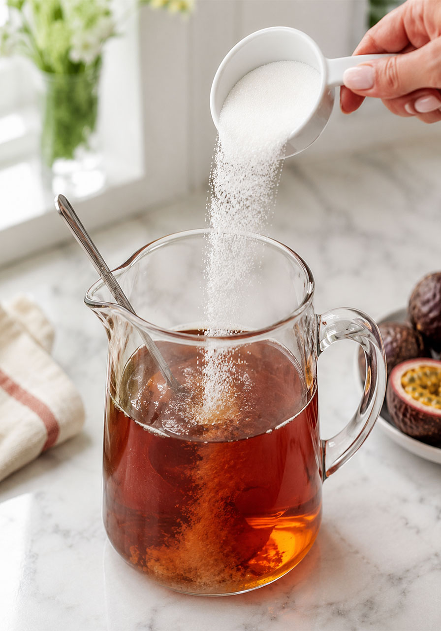 Pouring granulated sugar from a measuring cup into hot black tea in a glass pitcher to make passion fruit iced tea