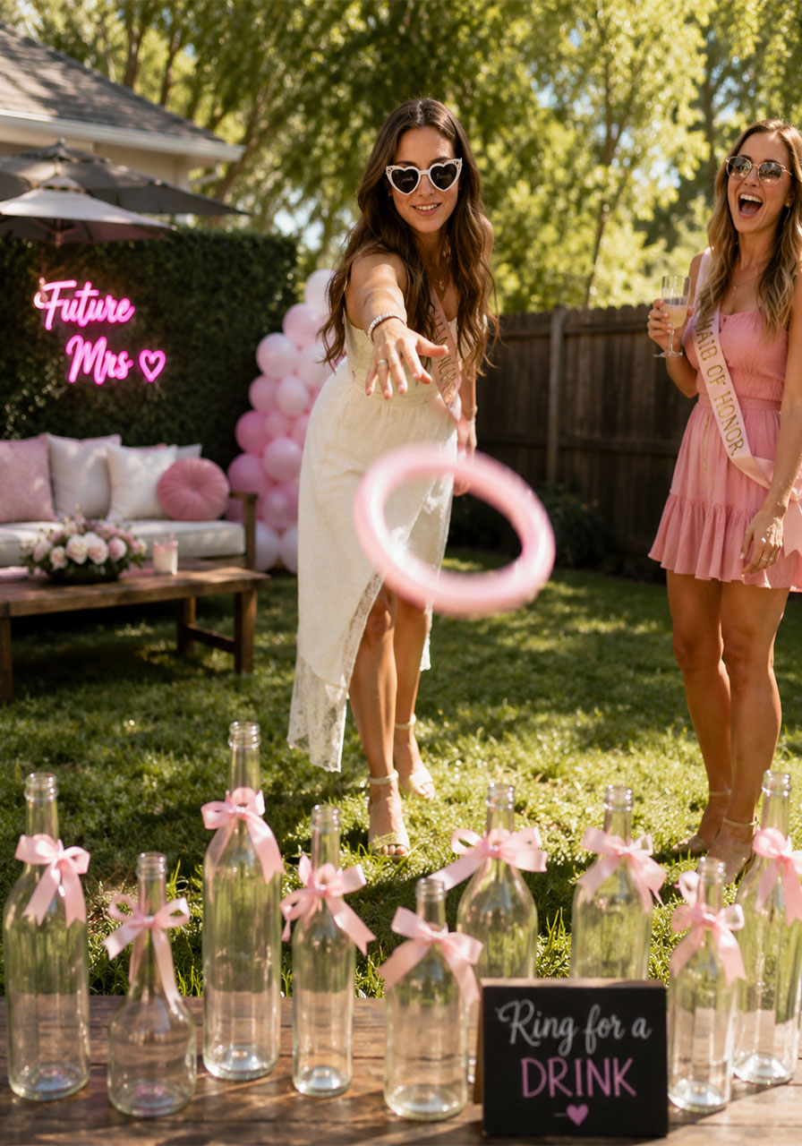 Woman mid-throw playing DIY bachelorette ring toss game with decorated glass bottles in backyard party setup
