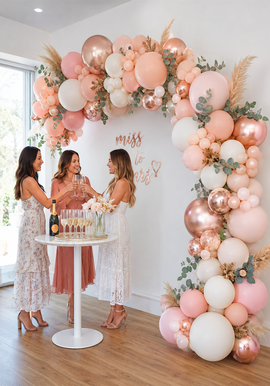 DIY balloon arch garland in blush pink and peach for bridal shower party décor