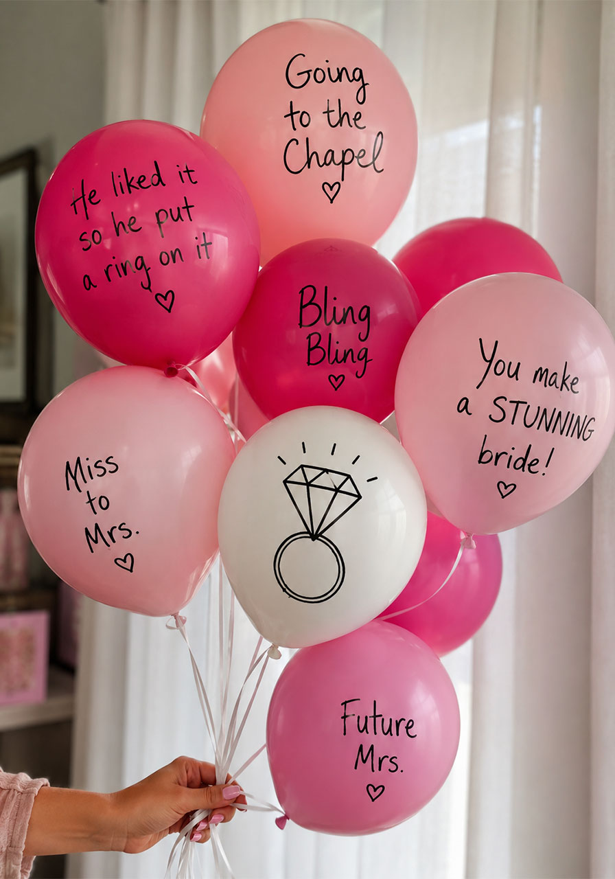 DIY balloon wishes for bride with handwritten messages on pink and white balloons – unique at-home bridal shower idea