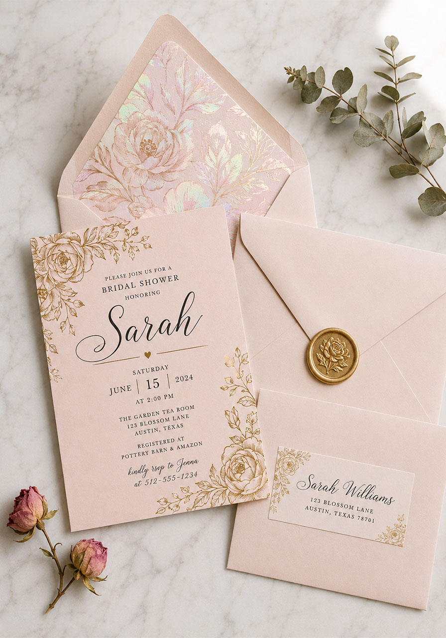 DIY bridal shower invitation suite made with Cricut Print Then Cut — custom cards, envelope liners and wax seal idea