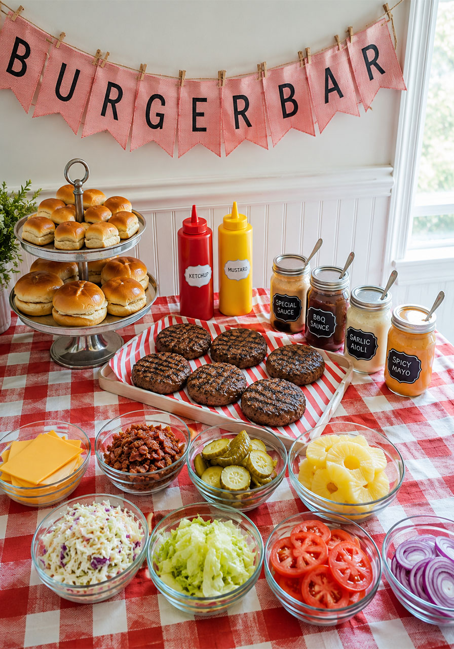DIY burger bar setup with toppings in glass bowls and checkered tablecloth for summer party
