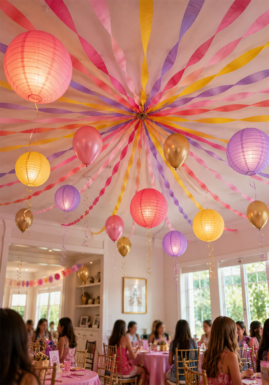 DIY ceiling streamer canopy in pink lavender and yellow with glowing paper lanterns and floating balloons for a festive and colorful 10th birthday party room transformation