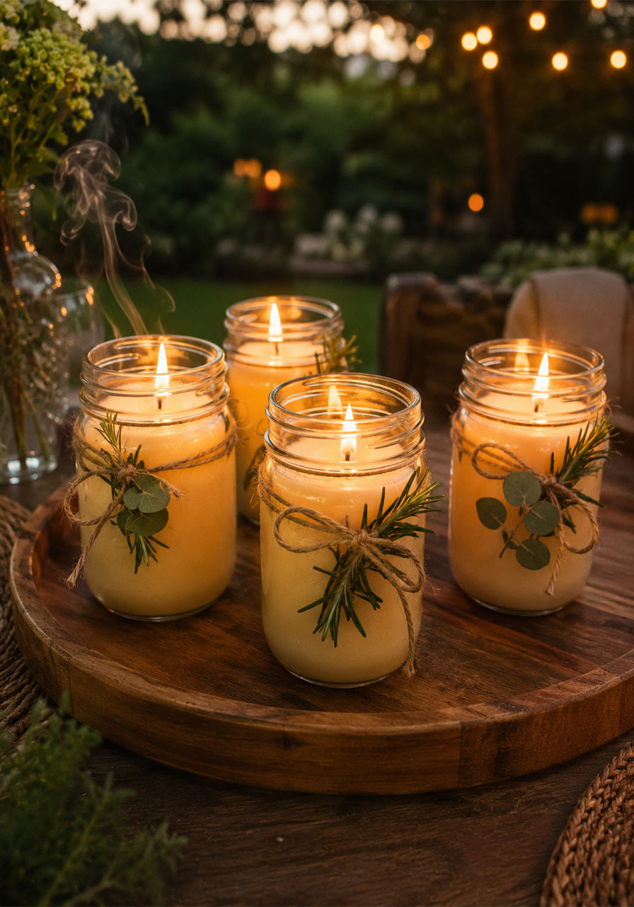 DIY lit citronella soy wax mason jar candles on wood tray with rosemary for summer party outdoor decor
