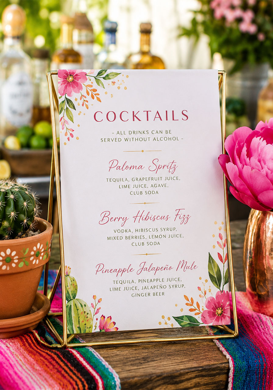 Printed cocktail menu display card with cactus and flowers for summer party bar setup