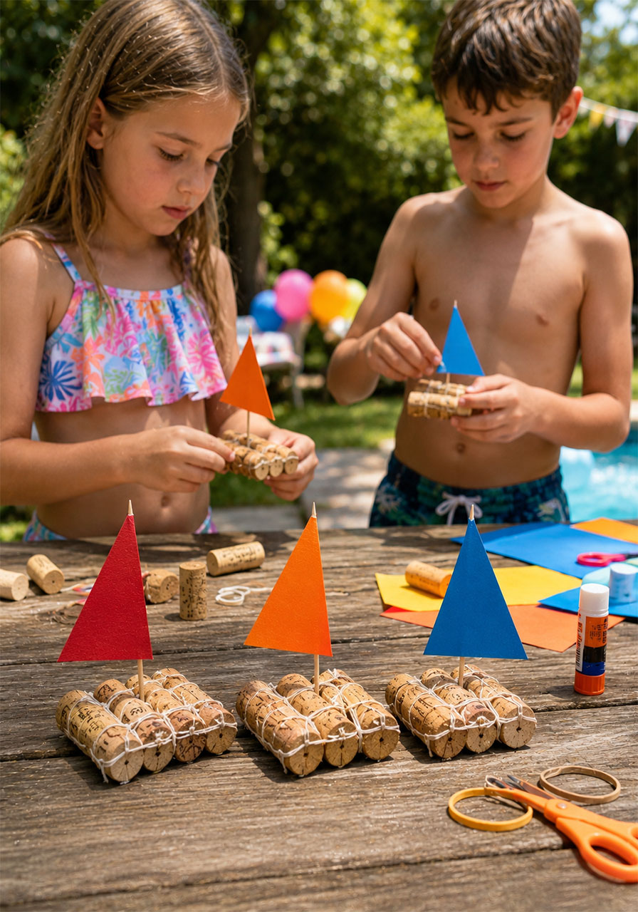 Kids making DIY cork toy boats to race in the pool as a fun summer pool party craft activity