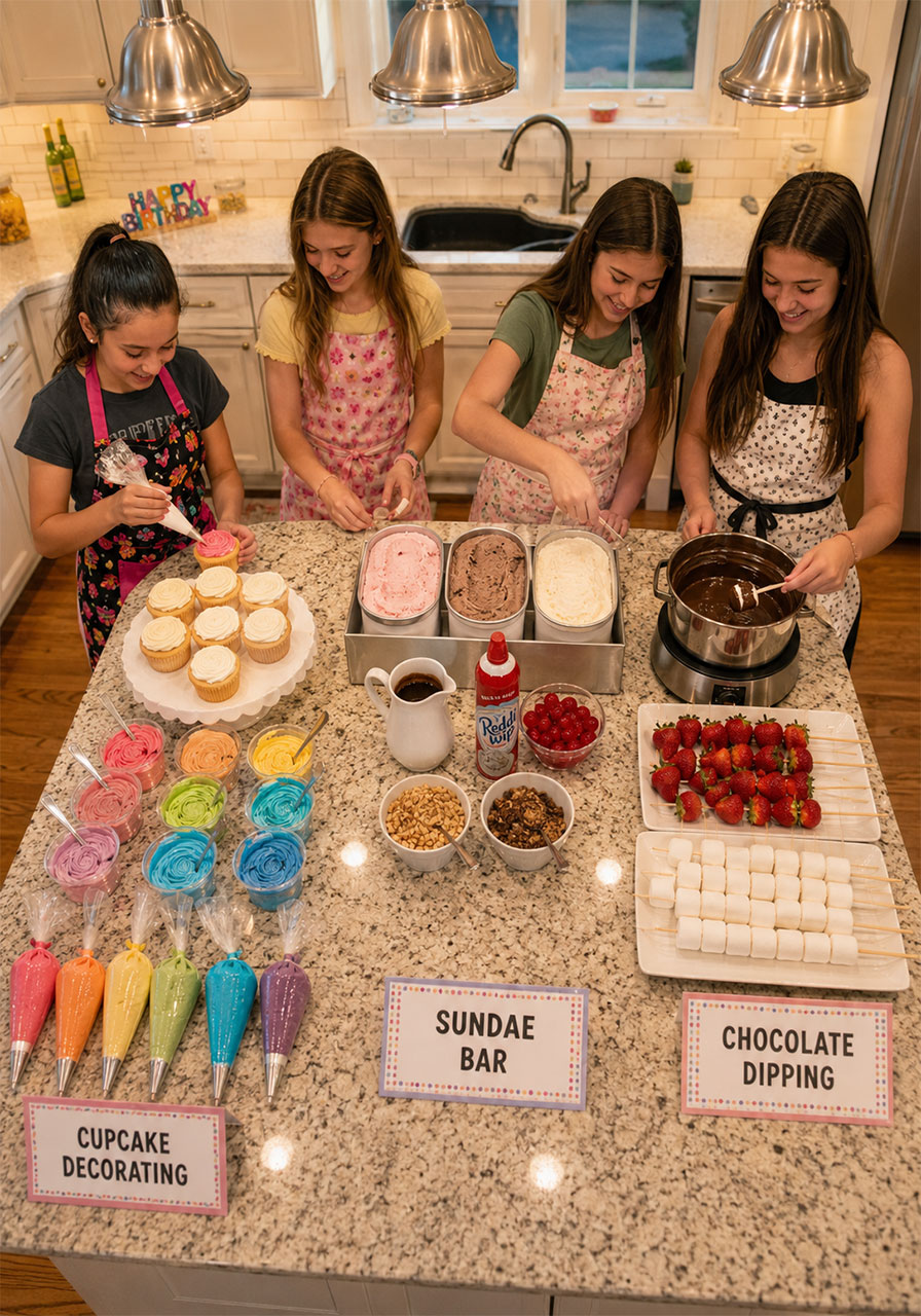 Teen girls at DIY dessert birthday party decorating cupcakes and building sundaes with toppings spread