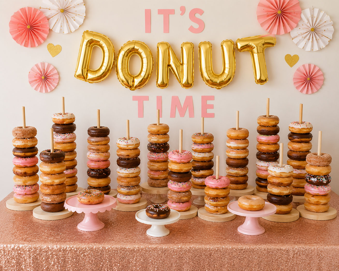 Festive DIY donut bar with tiered wooden stands and "It's Donut Time" balloon banner for bridal shower