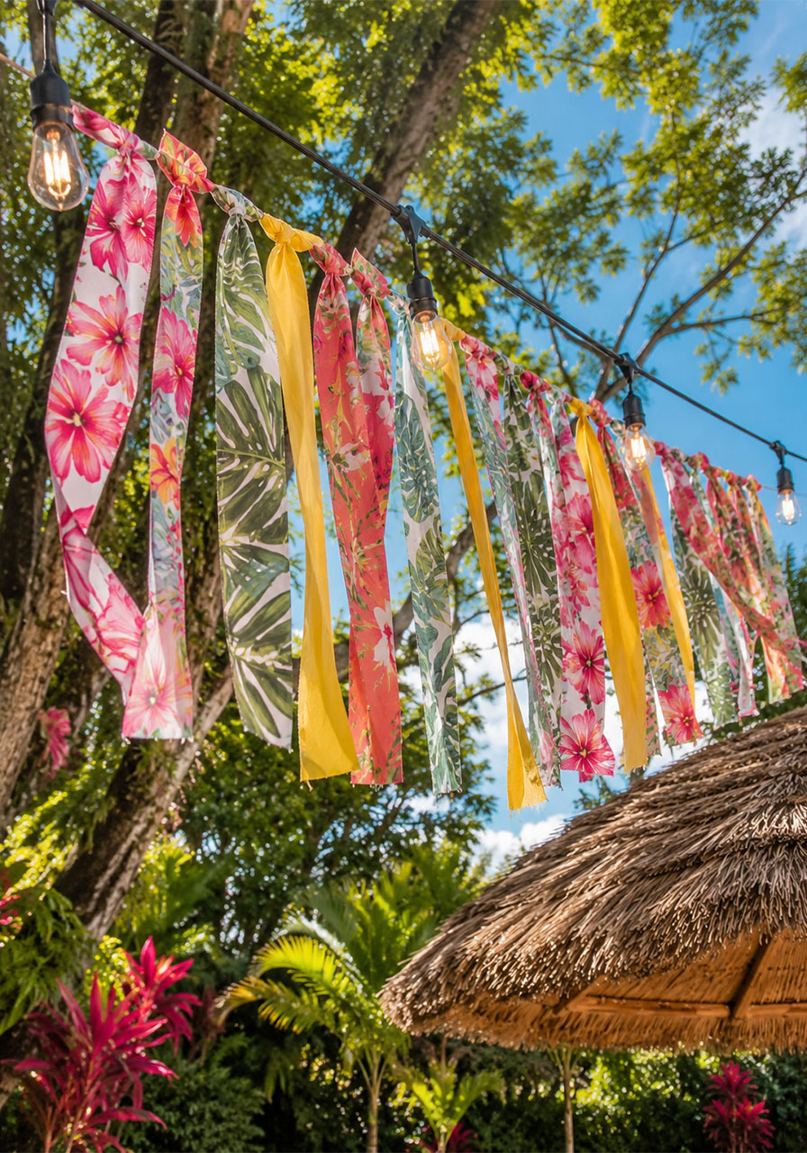 DIY tropical fabric strip garland hanging from string lights at a Key West backyard party for summer décor