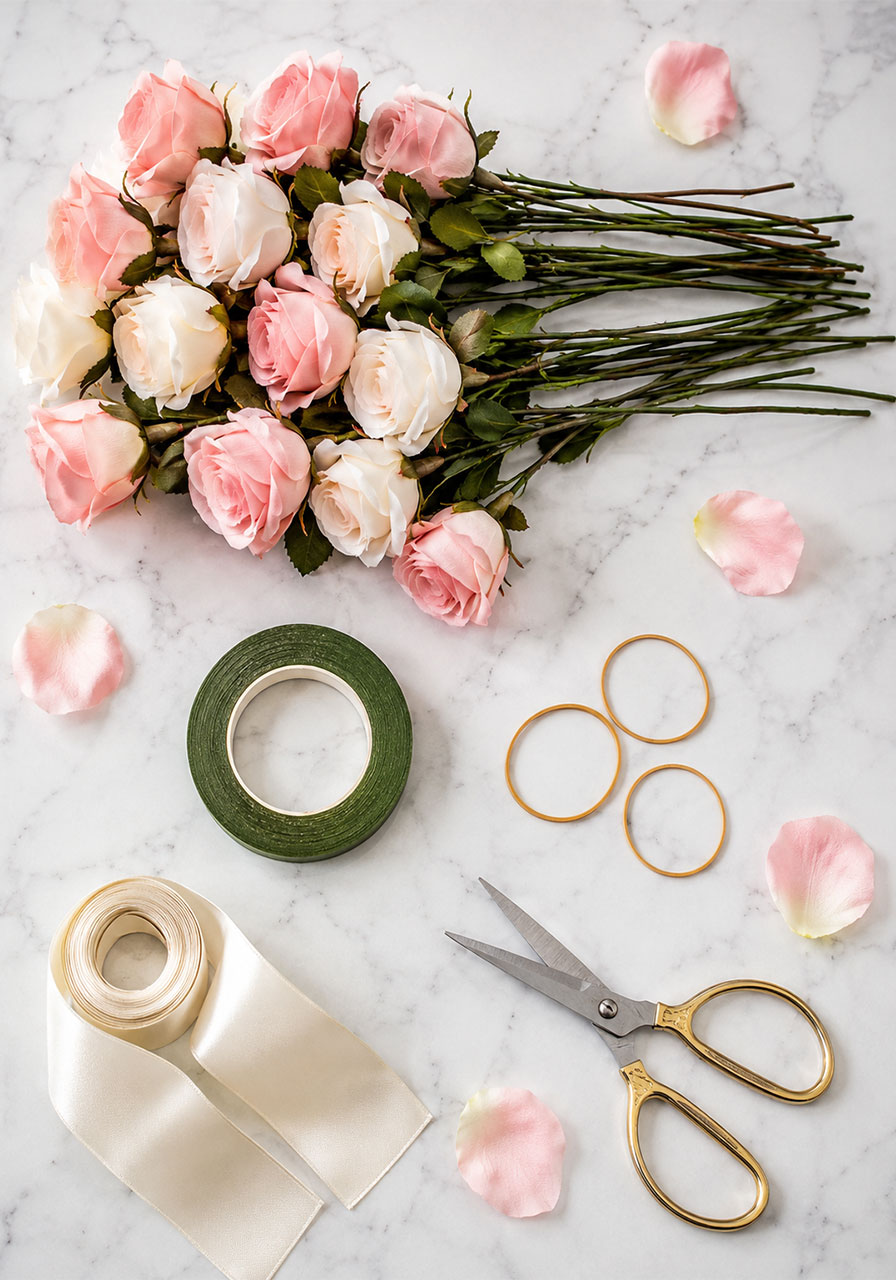 Flat lay of DIY faux flower bouquet supplies including silk roses floral tape ribbon and scissors for bridal shower game
