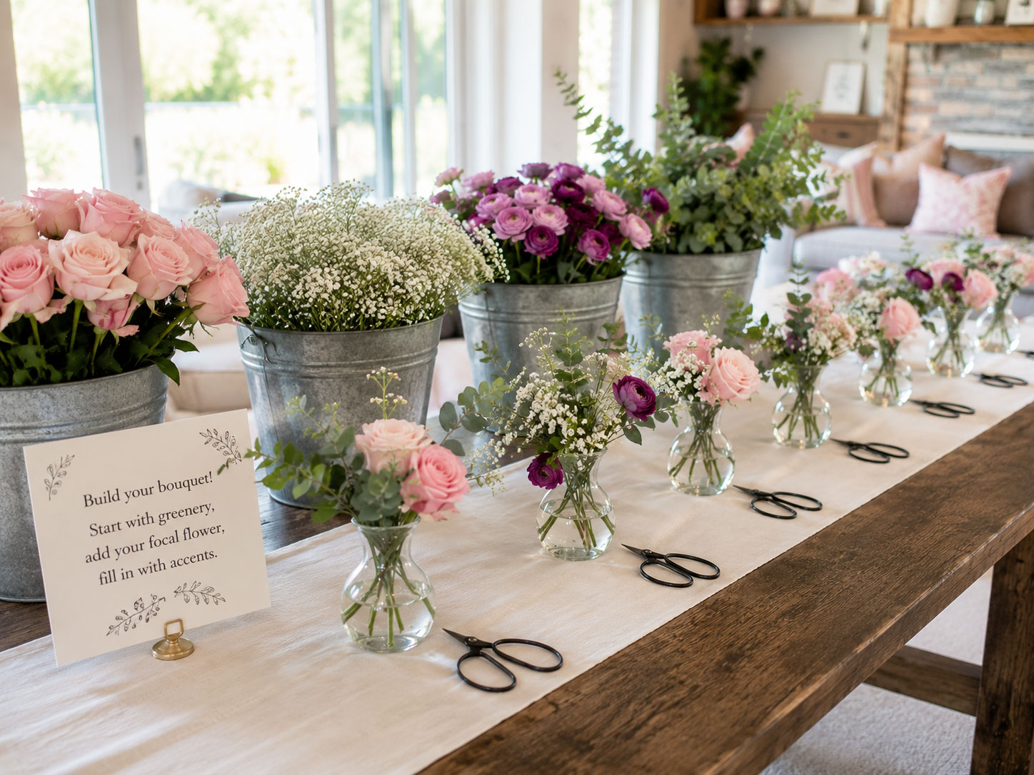DIY flower arrangement station with bud vases and sorted blooms on farm table – interactive at-home bridal shower activity idea