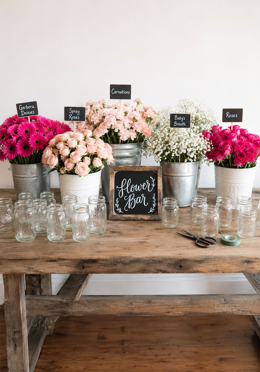 DIY flower bar station with pink gerbera daisies and roses in galvanized buckets at a garden bridal shower
