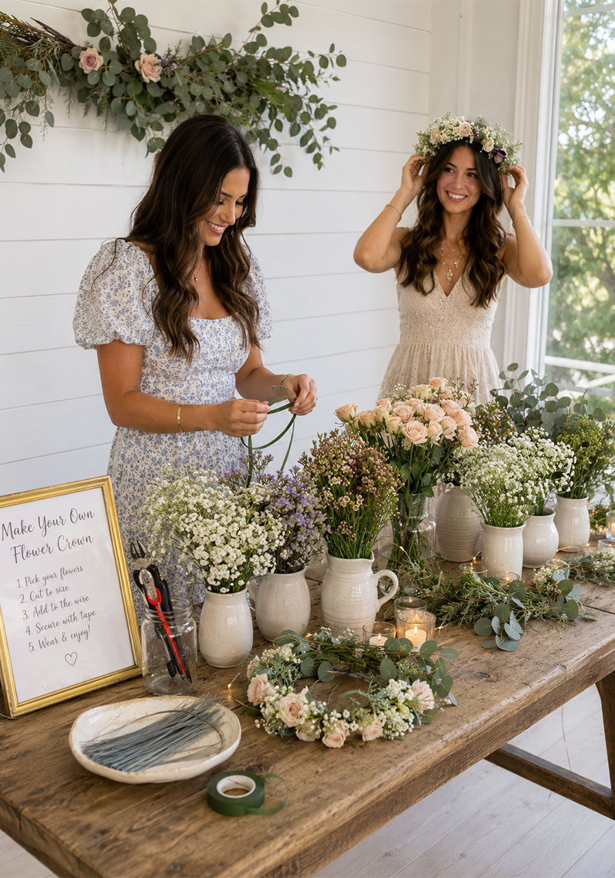 DIY flower crown station with fresh flowers and floral wire at bridal shower activity table