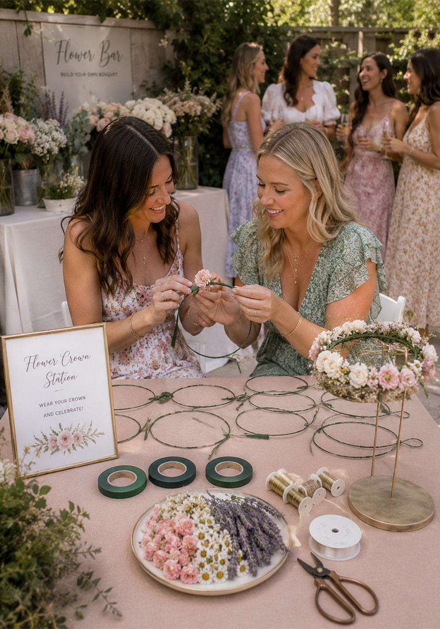 DIY flower crown making station at bridal shower with wire crowns floral tape mini roses and chamomile with two women crafting outdoors