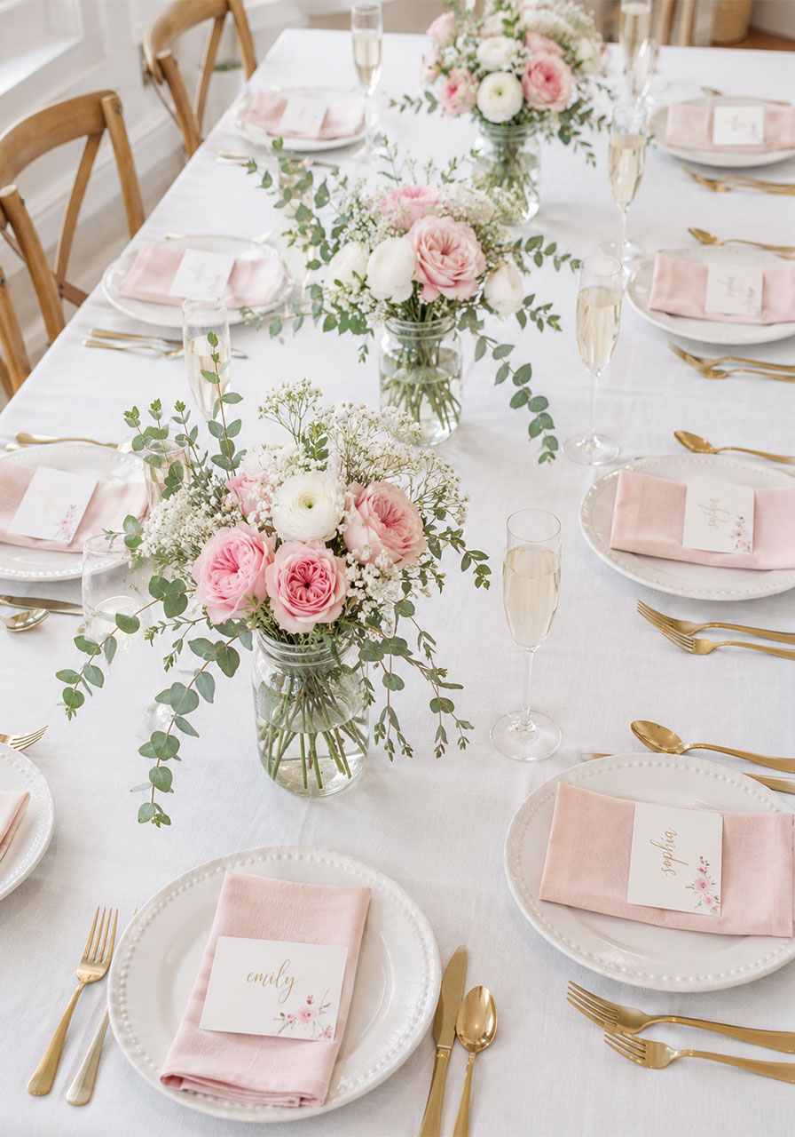 DIY fresh flower centerpiece with roses and eucalyptus on bridal shower brunch table