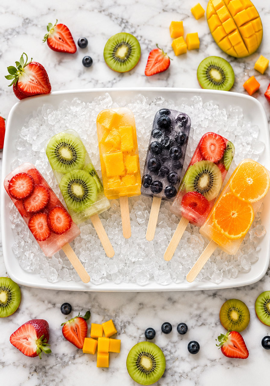 Overhead flat lay of homemade frozen fruit popsicles with strawberry kiwi and mango on crushed ice for kids summer pool party
