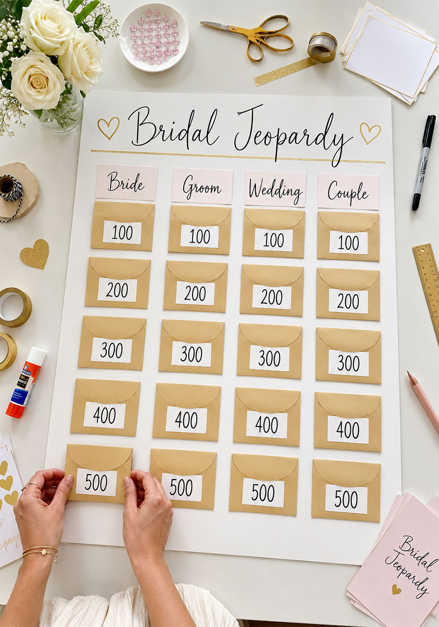 Overhead flat lay of a DIY Bridal Jeopardy board being crafted with envelopes, category labels, and point value cards on a white table