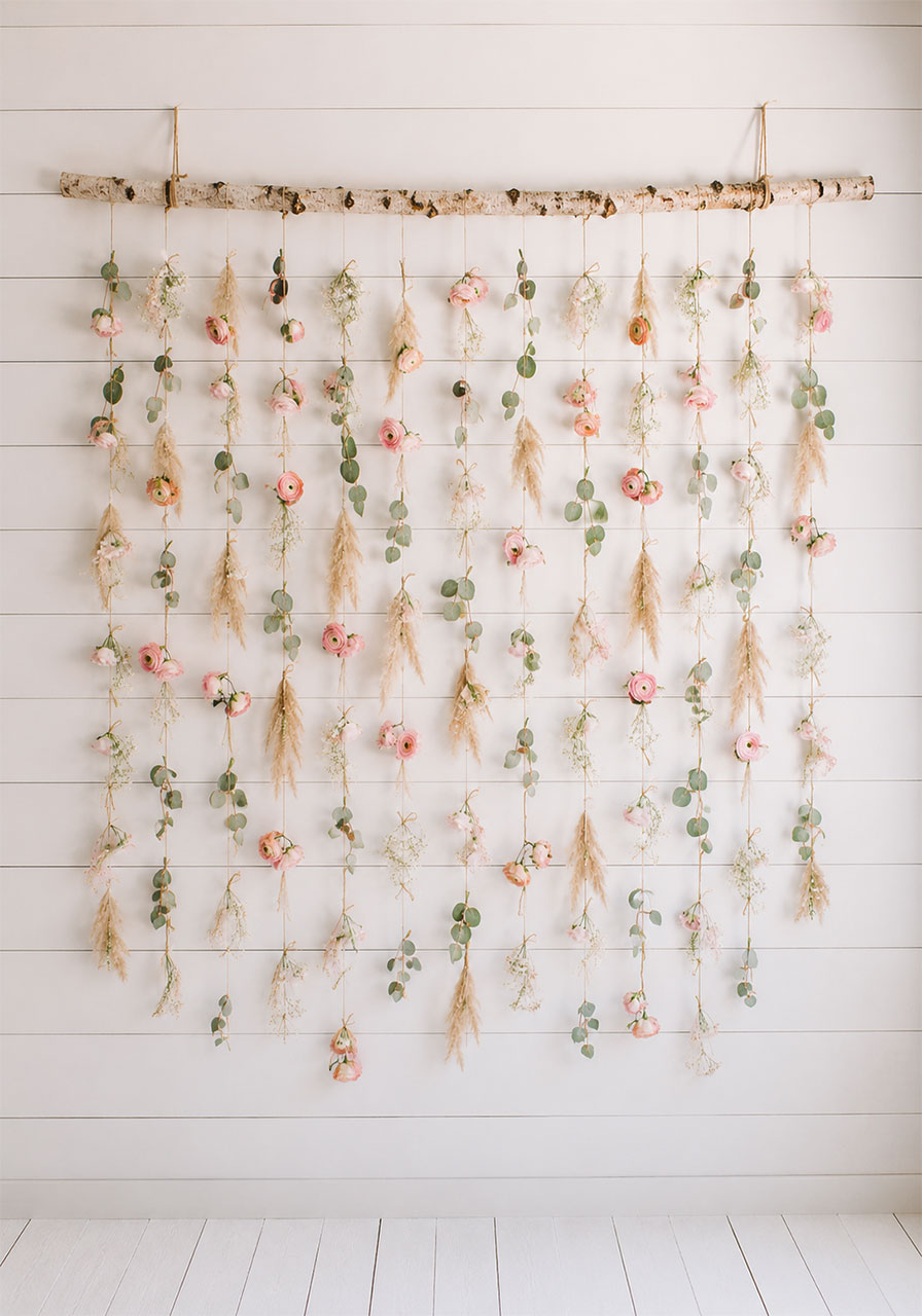 DIY hanging floral curtain backdrop with dried roses, eucalyptus, and baby's breath on birch branch for garden bridal shower photos