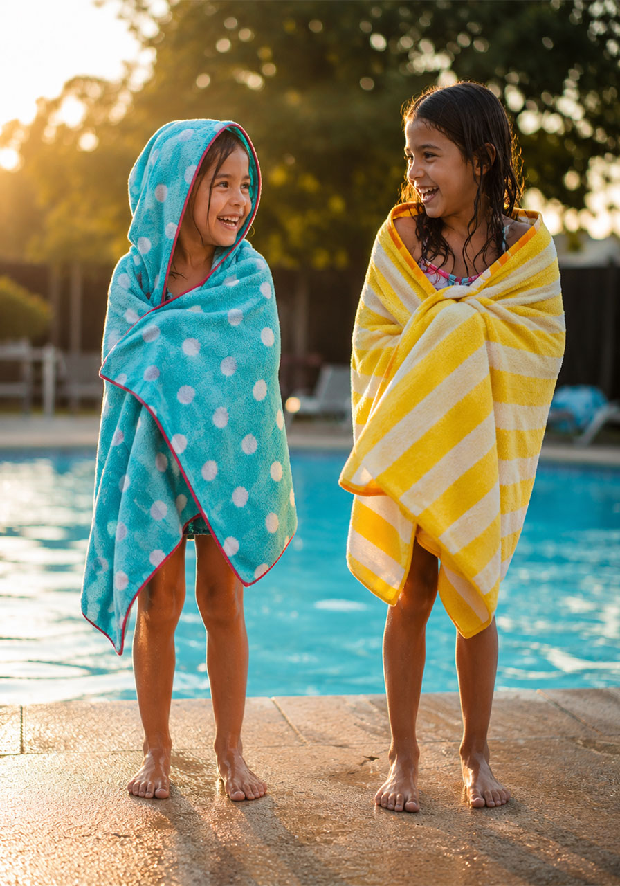 Two kids wearing colorful DIY hooded beach towels after swimming at a summer pool party