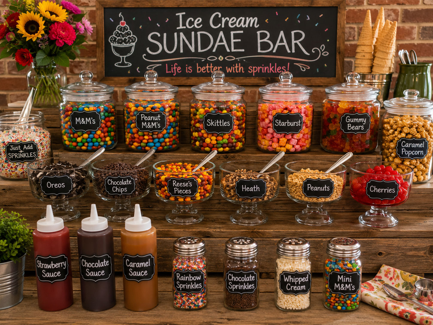 DIY ice cream sundae bar with candy toppings in glass jars and sauce squeeze bottles for summer party