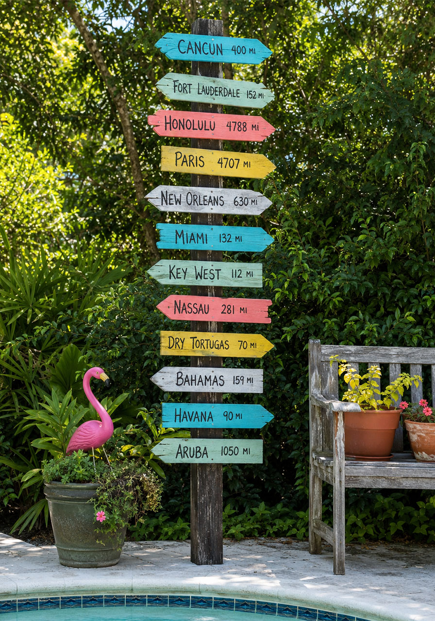 DIY Key West mileage totem pole with colorful painted wooden arrow signs for a tropical summer party backyard decoration