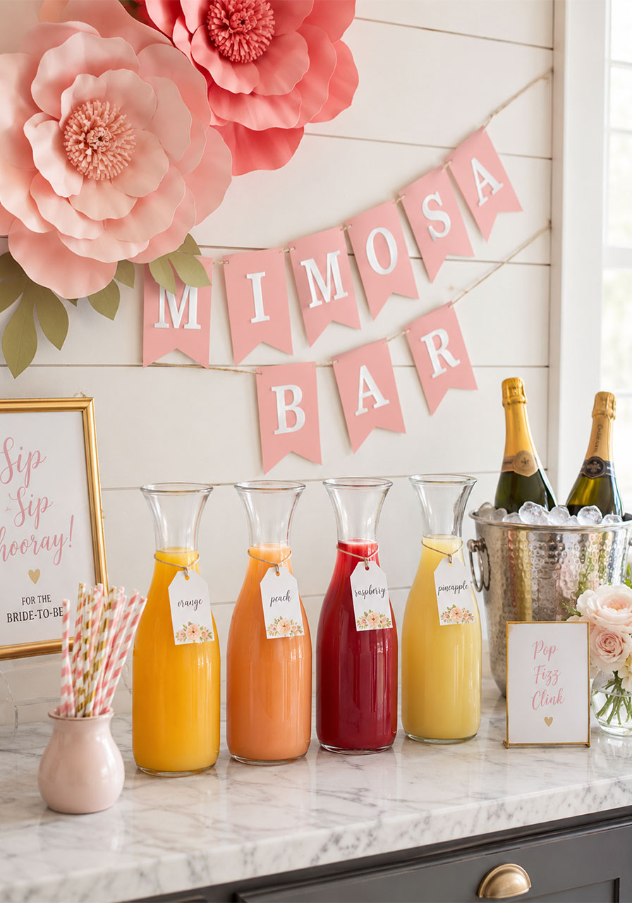 DIY Mimosa Bar banner and decorations made with Cricut for a bridal shower — cardstock pennant and vinyl labels