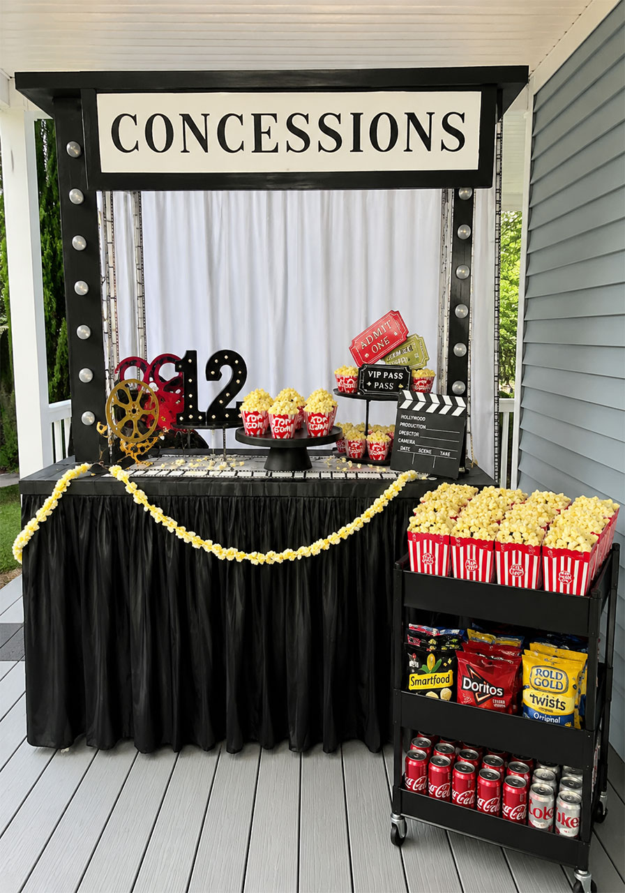 Full DIY movie theater concession booth with popcorn, chips, candy and sodas for a kids birthday party