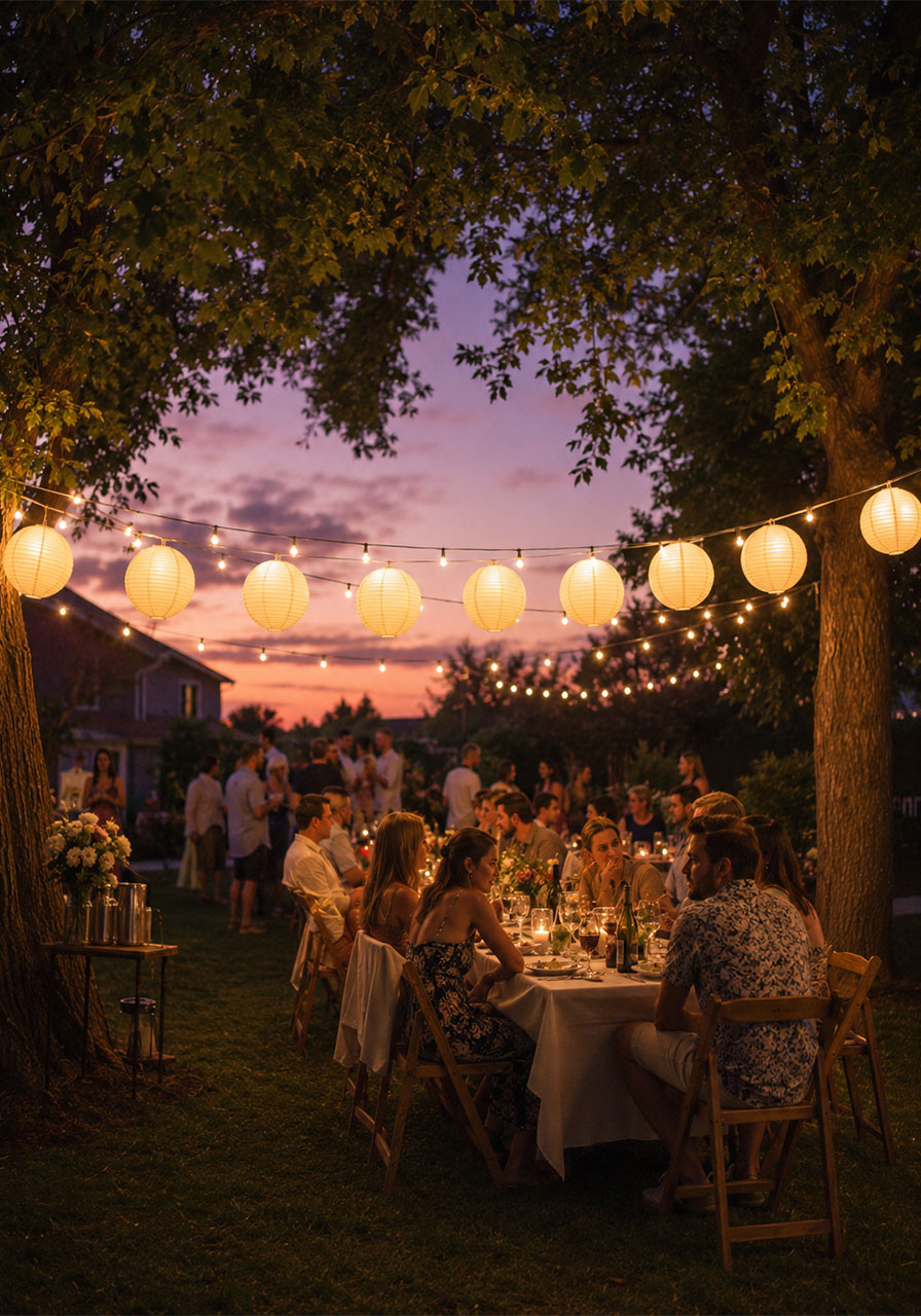 Glowing white paper lanterns strung between trees at dusk for outdoor summer party decor