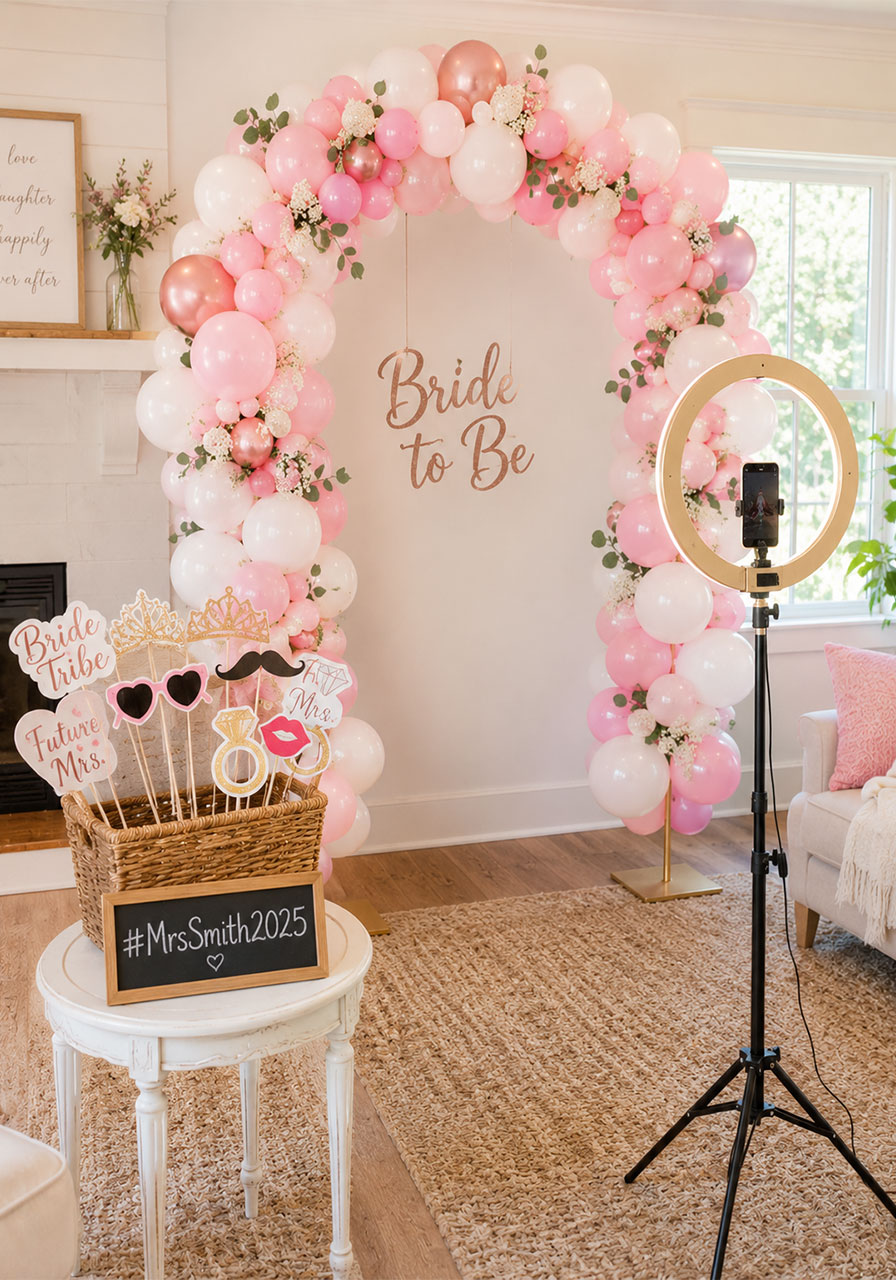 DIY photo booth with balloon arch backdrop and bridal props basket at home bridal shower – fun shower activity and decoration idea