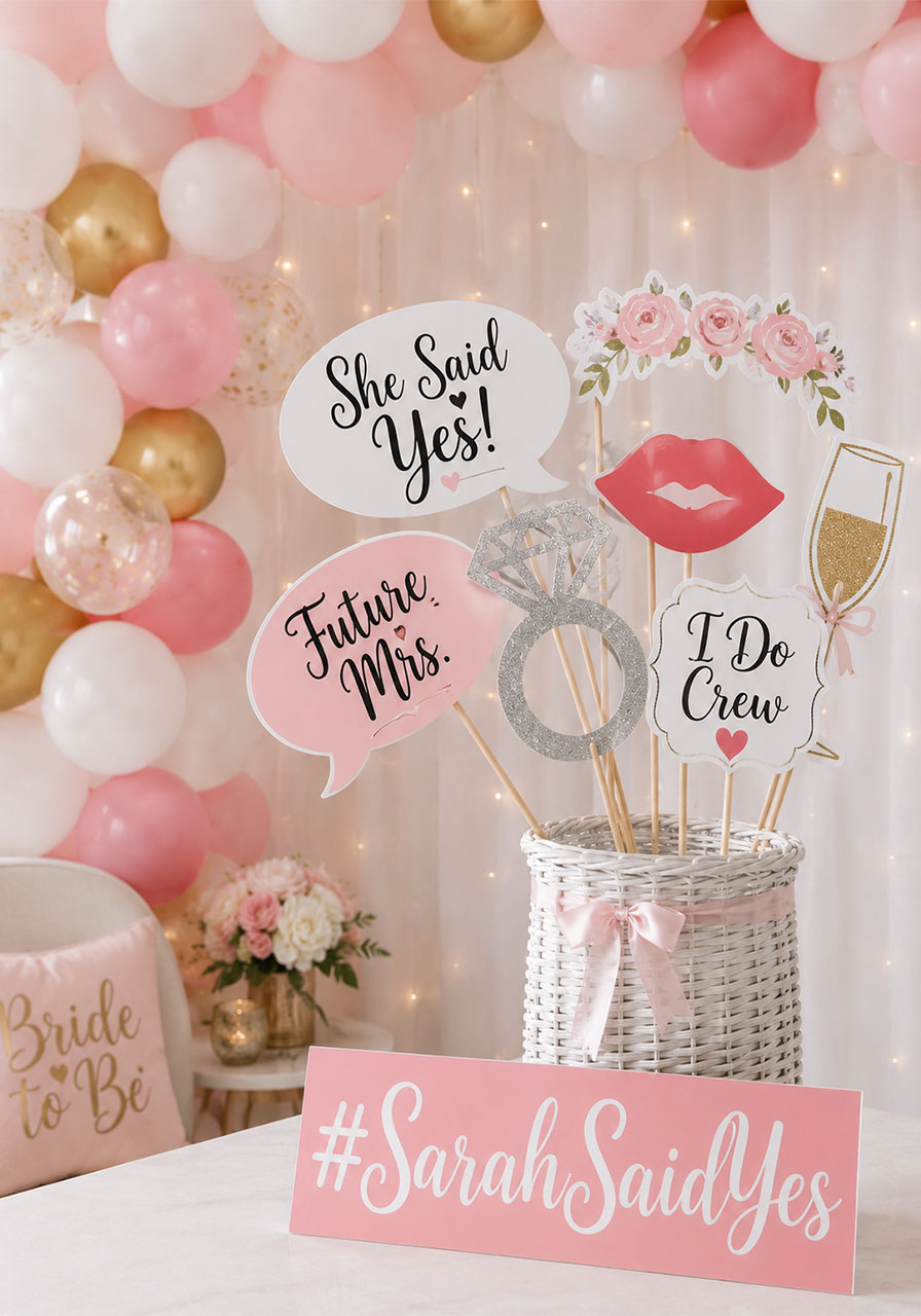 DIY bridal shower photo booth props made with Cricut cardstock and vinyl — "She Said Yes" party photo prop ideas