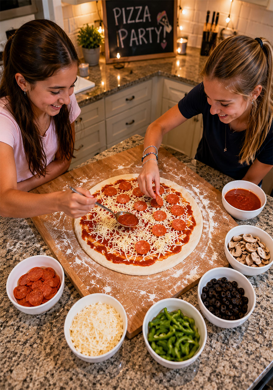 Teen girls making DIY pizzas at birthday party pizza bar with toppings spread on kitchen island