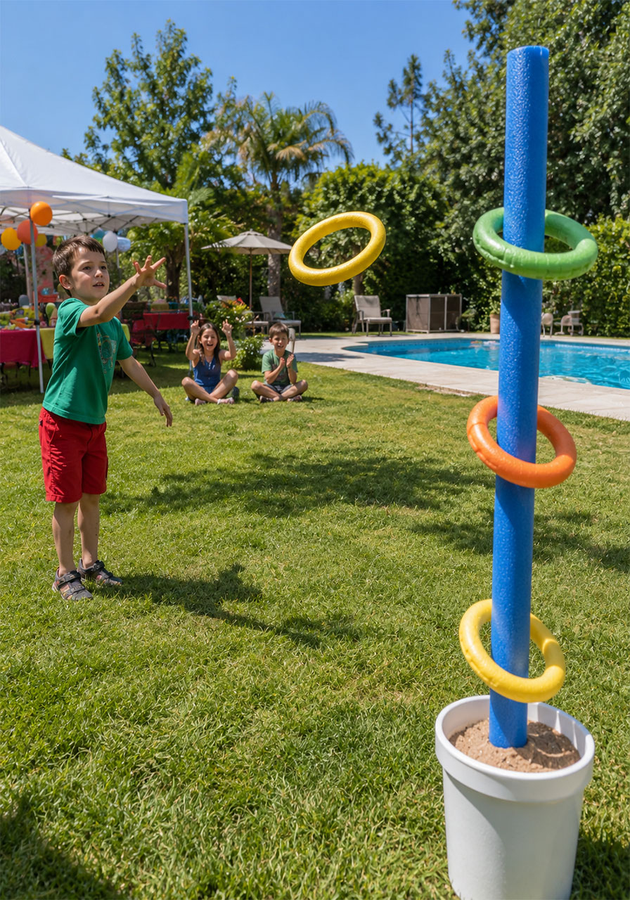 Child tossing pool noodle rings onto a DIY post in a backyard ring toss game at a summer pool party