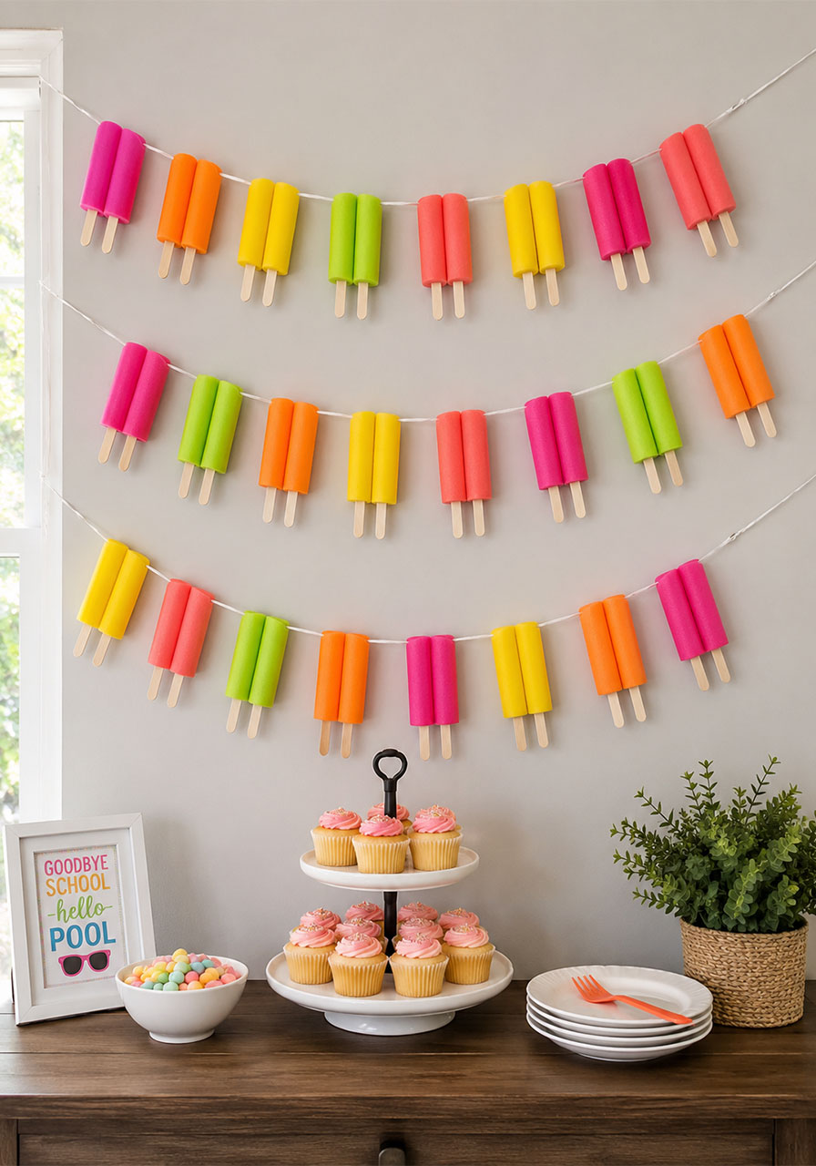 DIY colorful pool noodle popsicle garland hanging above a dessert table for a summer graduation pool party decoration