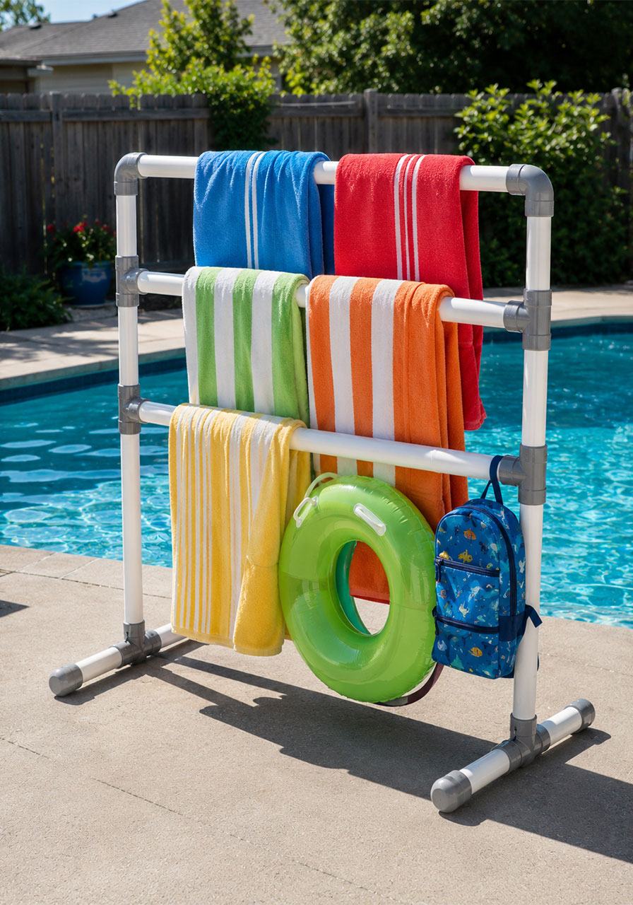 DIY PVC pipe pool towel rack holding colorful beach towels on a pool deck for a summer pool party